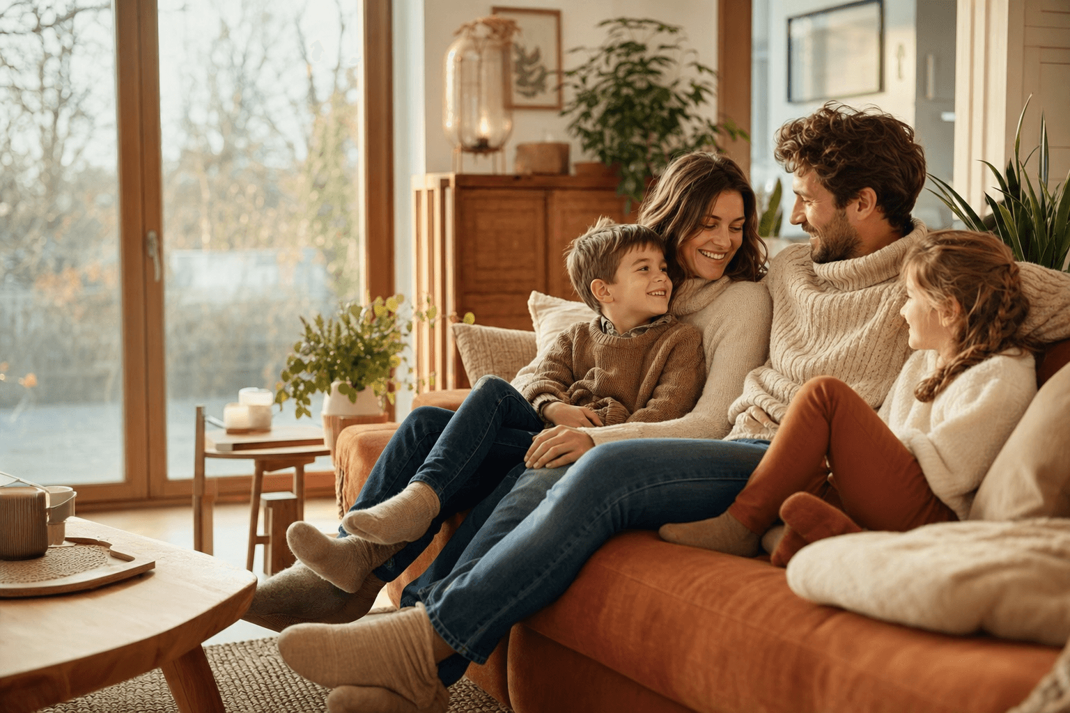 Famille profitant d'un intérieur chaleureux chauffé par une pompe à chaleur