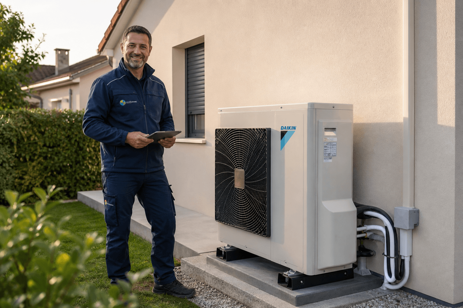 Technicien certifié RGE souriant à côté d'une pompe à chaleur air-eau installée