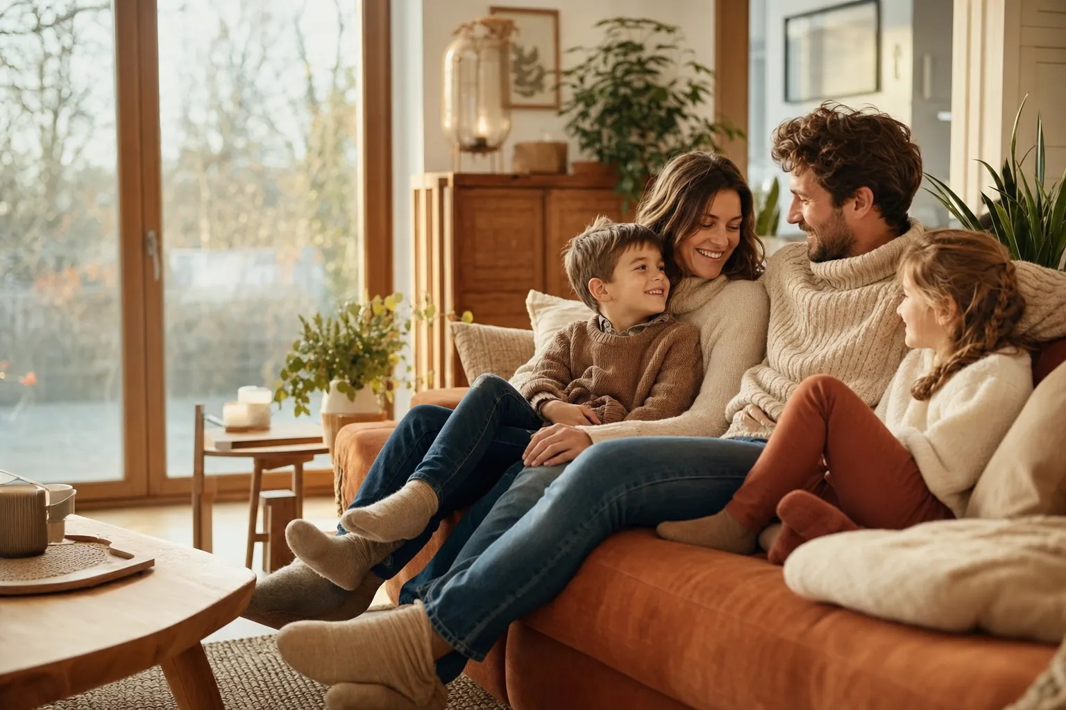 Une famille détendue dans un salon confortable et bien chauffé