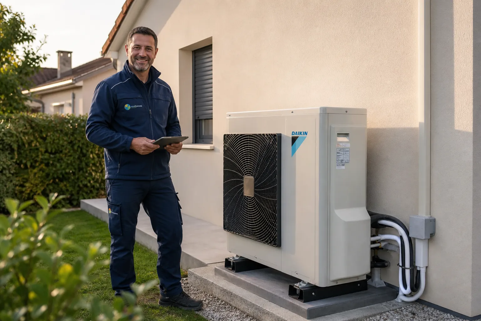Technicien certifié RGE devant une pompe à chaleur installée